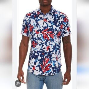 Robert Graham White Shirt with Blue & Red Floral Print. Medium
